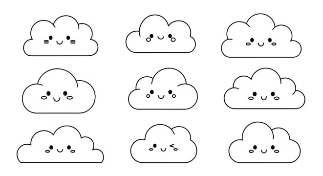 Set of nine cute hand drawn cloud characters with various smiling faces offers a friendly and playful weather icon collection set.