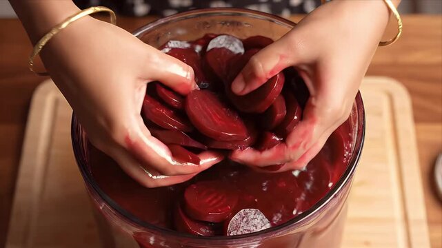 Hands Mixing Sliced Red Beets in Brine Inside a Glass Jar for Fermentation on Wooden Kitchen Table Top View Close Up