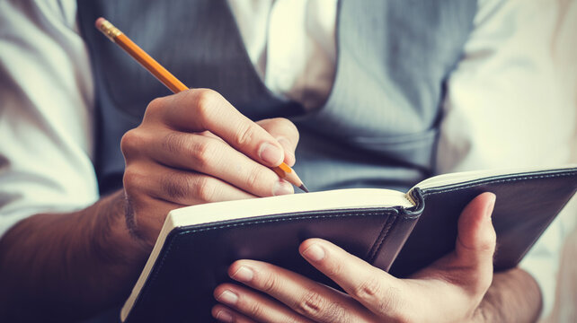 A person thoughtfully writes in a notebook with a pencil in hand.