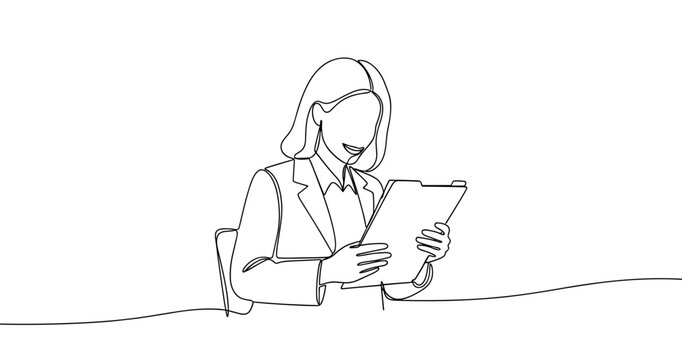 Female professional reviewing clipboard - line art illustration. No editable stroke