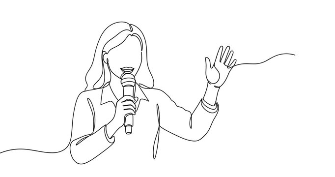 Continuous line art of female speaker with microphone gesture. No editable stroke