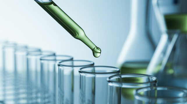 A green liquid droplet falls into a row of clear glass test tubes in a lab.