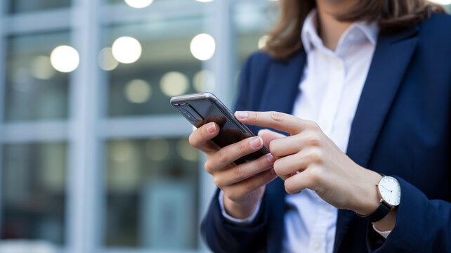 Businesswoman intently uses a smartphone focusing on the screen in a modern office.