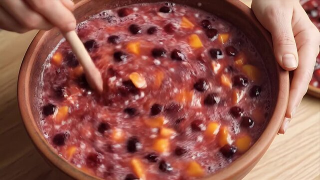 Hands Stirring Fermented Fruit Compote in Earthenware Bowl with Wooden Spoon on Wooden Surface in Bright Studio