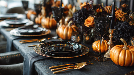 Elegant Halloween dinner table setup with black plates and gold cutlery, sophisticated autumn feast with pumpkins and moody floral arrangements, high-end seasonal event styling.