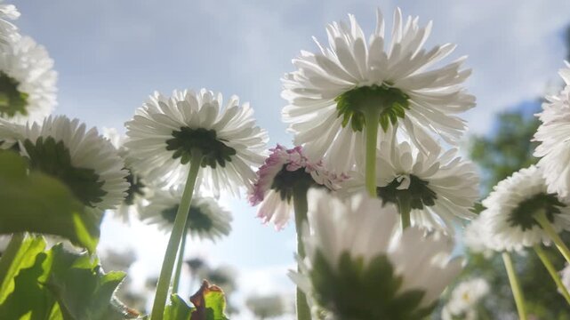 Low angle close-up shot of daisies swaying in the wind against a cloudy sky 