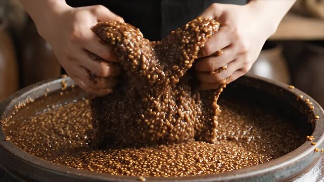 Mixing Doenjang in a Large Earthenware Pot with Bare Hands for Fermentation Process Traditional Food in Korea Preparing