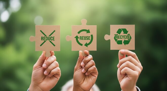 Hands Holding 3R Puzzle Pieces for Environmental Sustainability