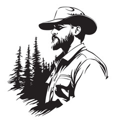 black and white image of a forest ranger