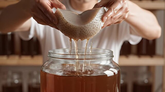 Person Preparing Kombucha Mother Culture in Glass Jar with White Background Close Up Shot