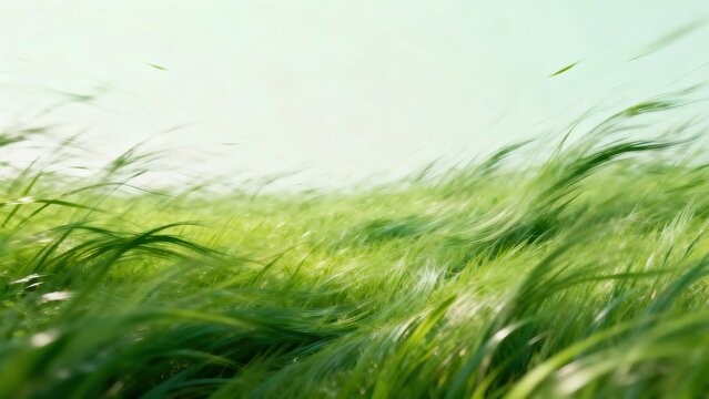 Beautiful green grass field with motion blur effect, spring summer nature background, soft focus on wind blowing through blades