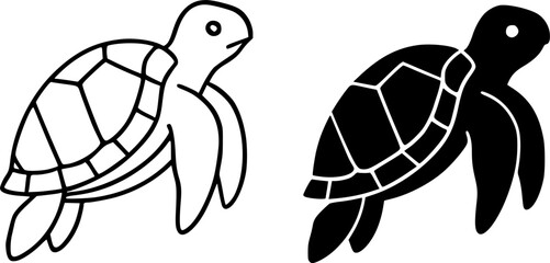 Sea animal icon, vector illustration of sea turtle, black and white in outline and silhouette design style © Nurhalimah