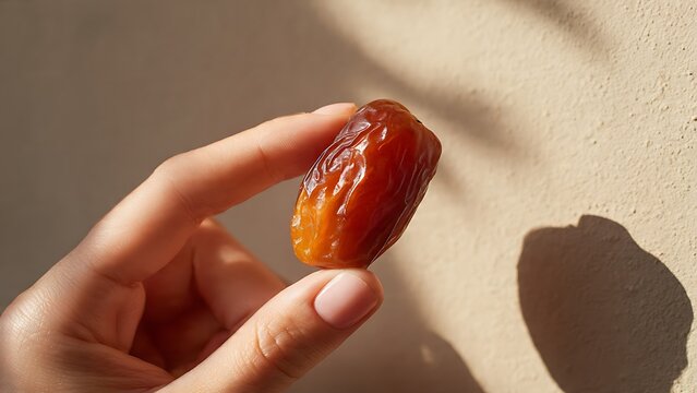 Hand holding date fruit for iftar meal during Ramadan, close-up view