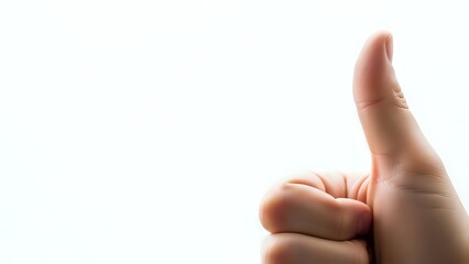 Human hand showing thumbs up gesture on clean white background for positive feedback and approval concepts.