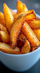 Golden crispy potato wedges with sea salt in white bowl, freshly cooked comfort food for restaurant menu and culinary content.