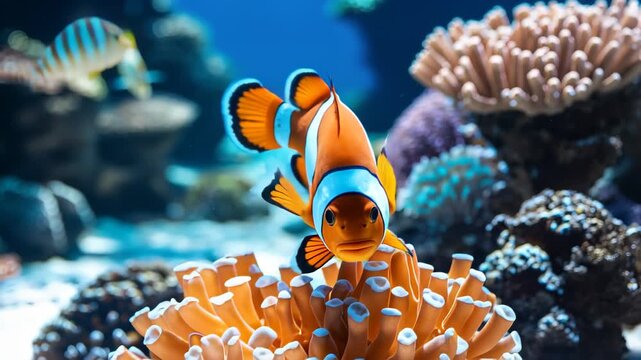 Vibrant Underwater Scene of Clownfish Swimming in Coral Reef Symbiosis