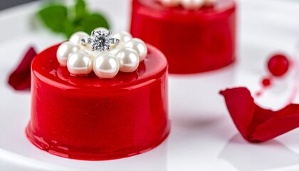 A glossy red gourmet dessert topped with pearl and diamond-like decorations on a white plate.
