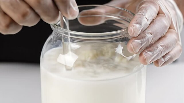 Process of Stirring Milk Kefir Grains in a Clear Glass Jar with a Silver Spoon, White Table, Hand in Glove, Medium Shot