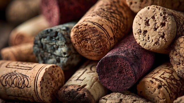 Close-up texture shot displays many wine corks with natural brown tones and detailed cork patterns representing a vintage wine concept.