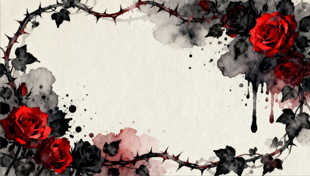 Vector illustration of white textured paper with a frame of roses and ivy in a Gothic watercolor style.