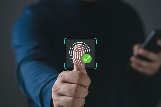 Biometric security with fingerprint authentication and verified check icon on digital interface. Representing identity verification, data protection, mobile access control, and secure login technology