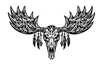 Obraz premium Moose skull illustration with tribal antlers and feathered dreamcatcher elements, black and white artistic design, transparent background