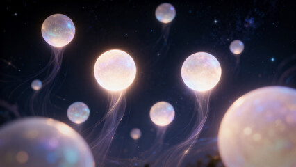 Naklejka premium Luminous spheres with a sacred aura rising slowly in darkened space