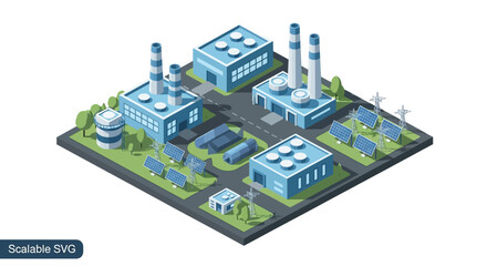 Isometric illustration of an industrial facility with buildings and smokestacks.