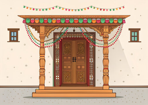 Traditional Indian house entrance with toran and wooden door, flat design