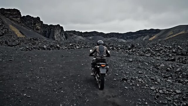 A lone motorcyclist rides across a stark volcanic landscape under an overcast sky conveying adventure exploration and the raw beauty of remote wilderness travel