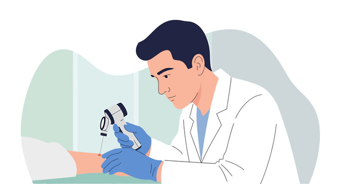 Dermatologist examining patient's skin with dermatoscope in clinic