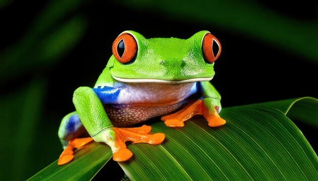 Vibrant Red-Eyed Tree Frog Perched on Lush Green Leaf.