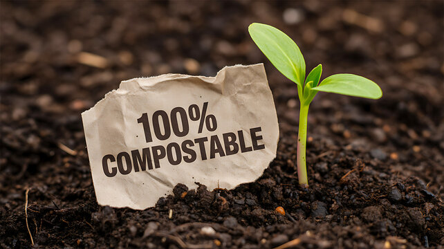 100 percent compostable sign with seedling in soil representing eco sustainability concept
