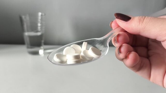 A woman's hand holds a spoonful of pills, in the background a glass of water on the table. Taking medications, vitamins. Treatment of ARVI, ARI