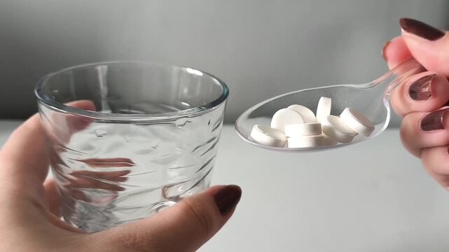 A spoon with a mountain of pills and a glass of water in a woman's hands. Taking vitamins. Treatment of ARVI, ARI. Doctor's prescriptions