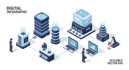 Obraz premium Isometric illustration of digital infrastructure and data storage systems.