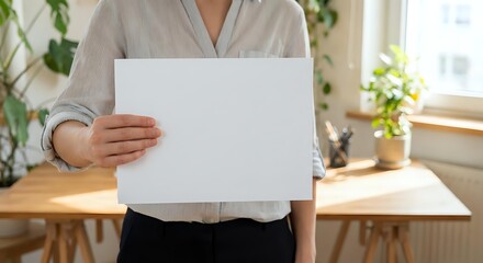 Fototapeta premium Professional businesswoman holding blank white paper sheet in modern office workspace with plants and natural lighting for mockup presentations.