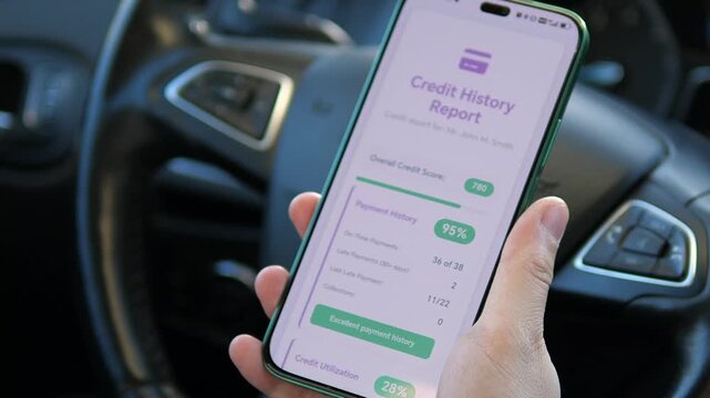 Monitoring financial health on the go. Close-up of a smartphone screen displaying an Excellent credit rating and payment history. Perfect for content about mortgage approval, loans, and personal