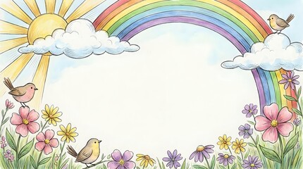 Fototapeta premium Watercolor frame with rainbow, sun, clouds, flowers and birds on white background. Spring garden border with colorful blooms and cheerful elements.
