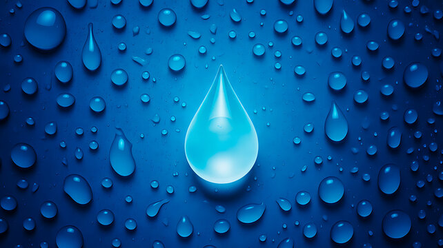 Blue water drop with droplets representing purity and hydration concept
