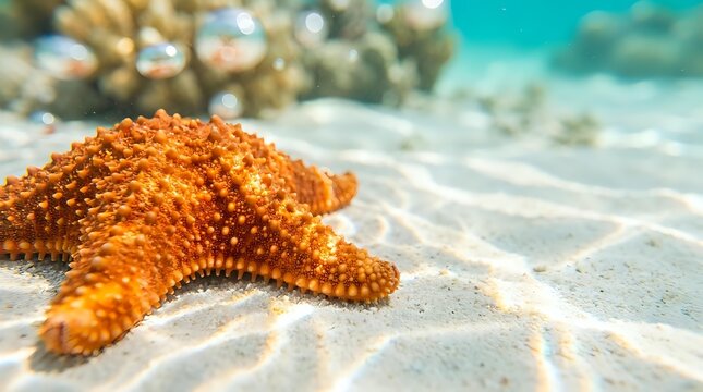 Orange starfish resting on sandy ocean floor with coral reef background in tropical underwater marine environment for nature and sea life concepts.