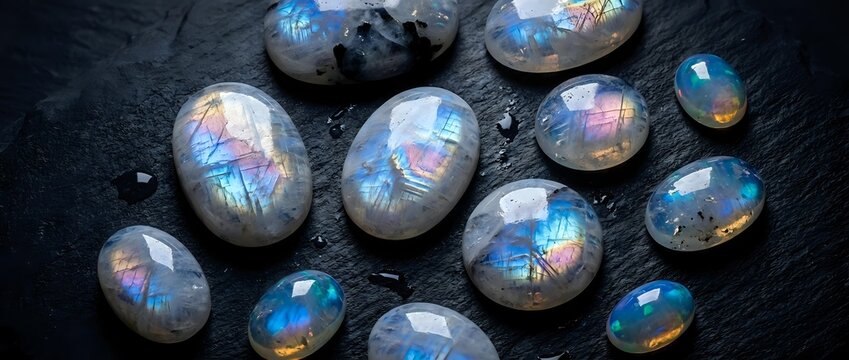 Collection of iridescent labradorite gemstones with rainbow flash effects on dark textured surface for jewelry making and crystal healing practices.