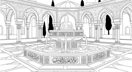 Ornate Fountain in Architectural Drawing Style.