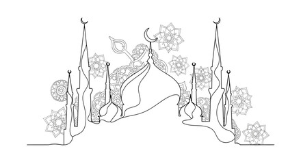 Mosque Architecture with Minarets and Crescent.