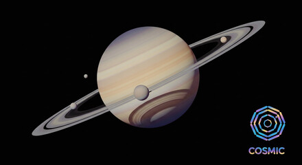 A stunning cosmic scene of a planet with rings and moons in a dark space environment viewed from a distant perspective