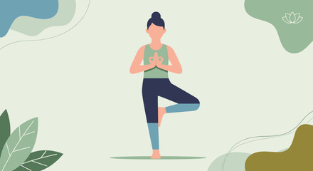 Woman Practicing Yoga Tree Pose Illustration.