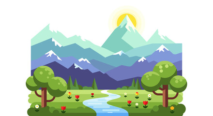 Obraz premium Serene Mountain Landscape with River and Trees.