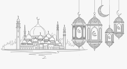 Islamic Lanterns and Mosque Illustration.