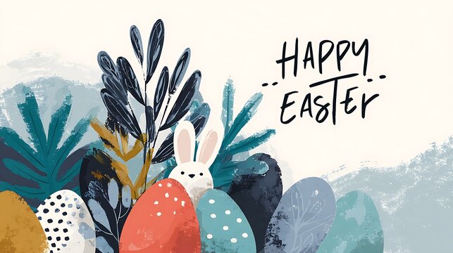 Happy Easter! Greeting card with decorated Easter eggs, flowers, plants. Watercolor Picture for poster, invitation, postcard or background