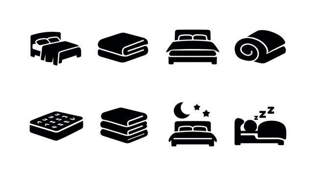Bedding accessories. Filled icon set of Bedding accessories: bed throw cover, folded bedspread, layered